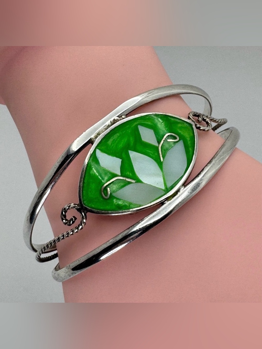 Vintage Alpaca Silver Mexico Green Enamel Floral Mother of Pearl Cuff Bracelet